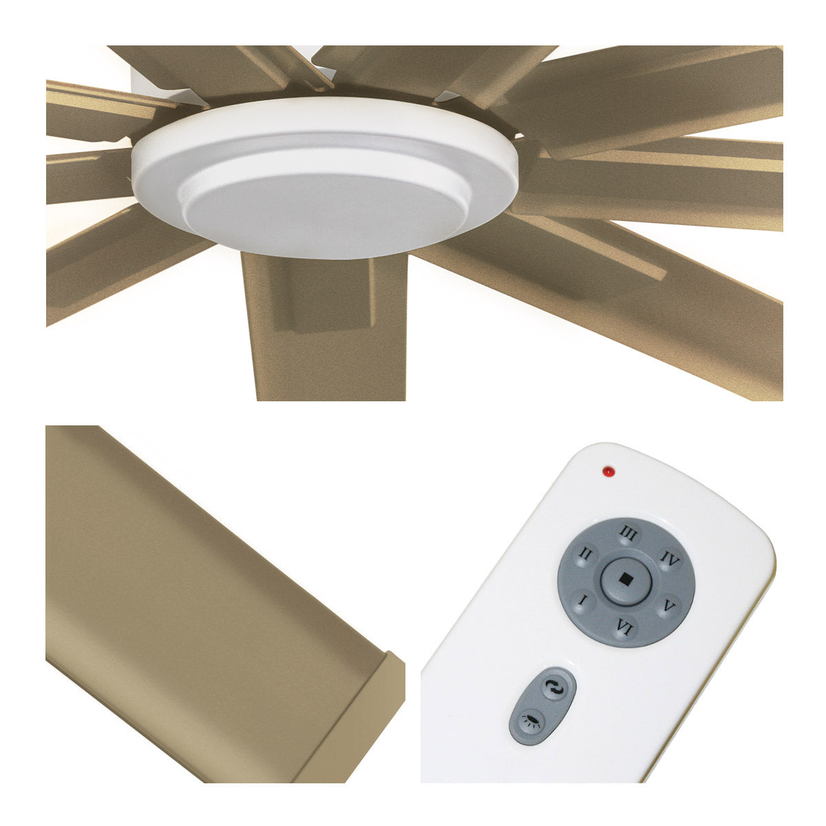 Detailed close-up of white fan center, gold blade finish, and remote control with 6 speeds and reverse function.