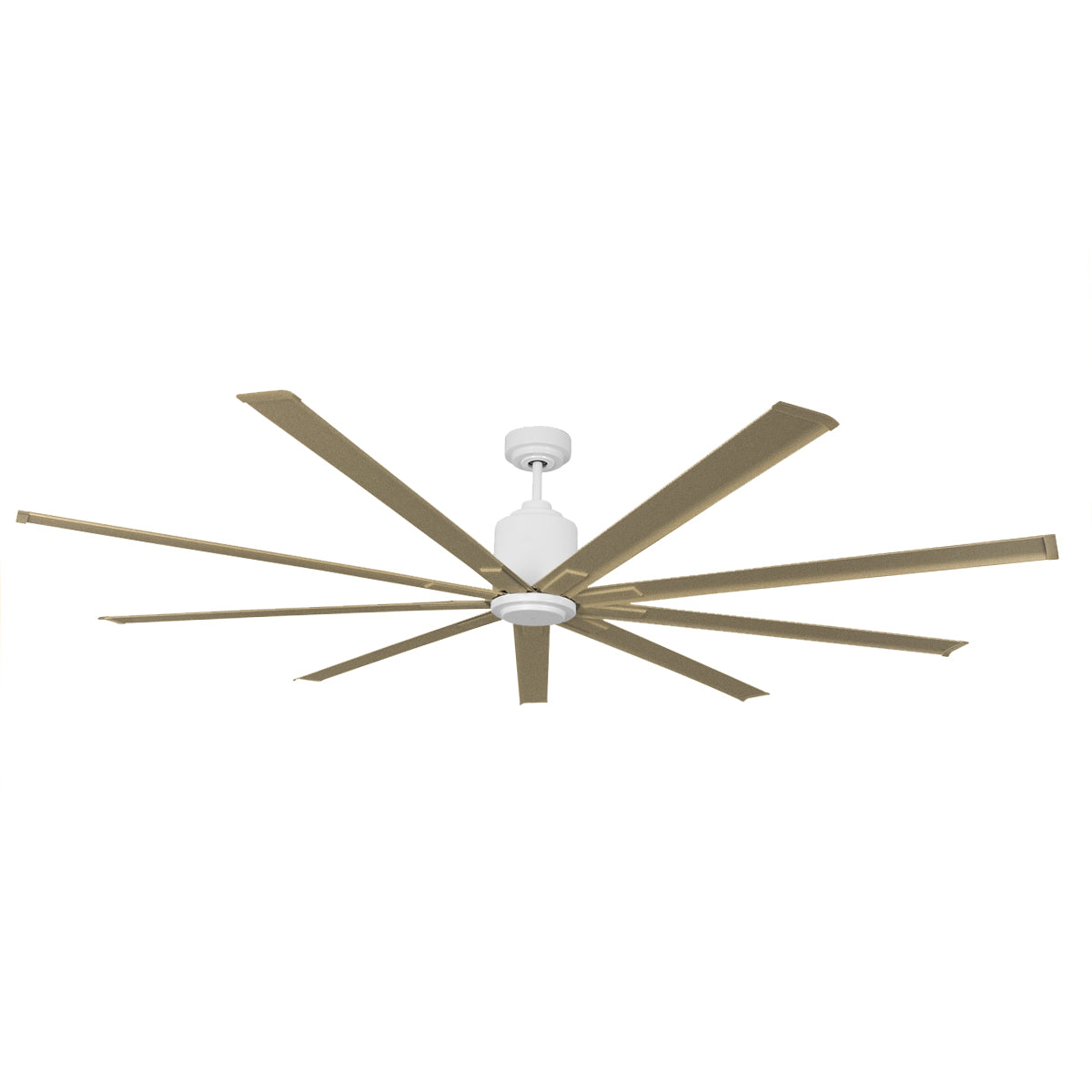 Large diameter 96 in. industrial ceiling fan in gold and white combination finish.