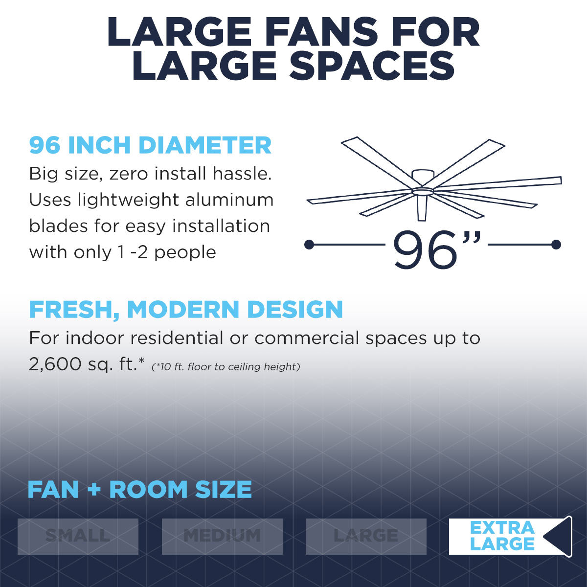 This extra large ceiling fan has a 96 inch diameter with lightweight aluminum blades for easy install, and is best for spaces up to 2,600 sq. ft.