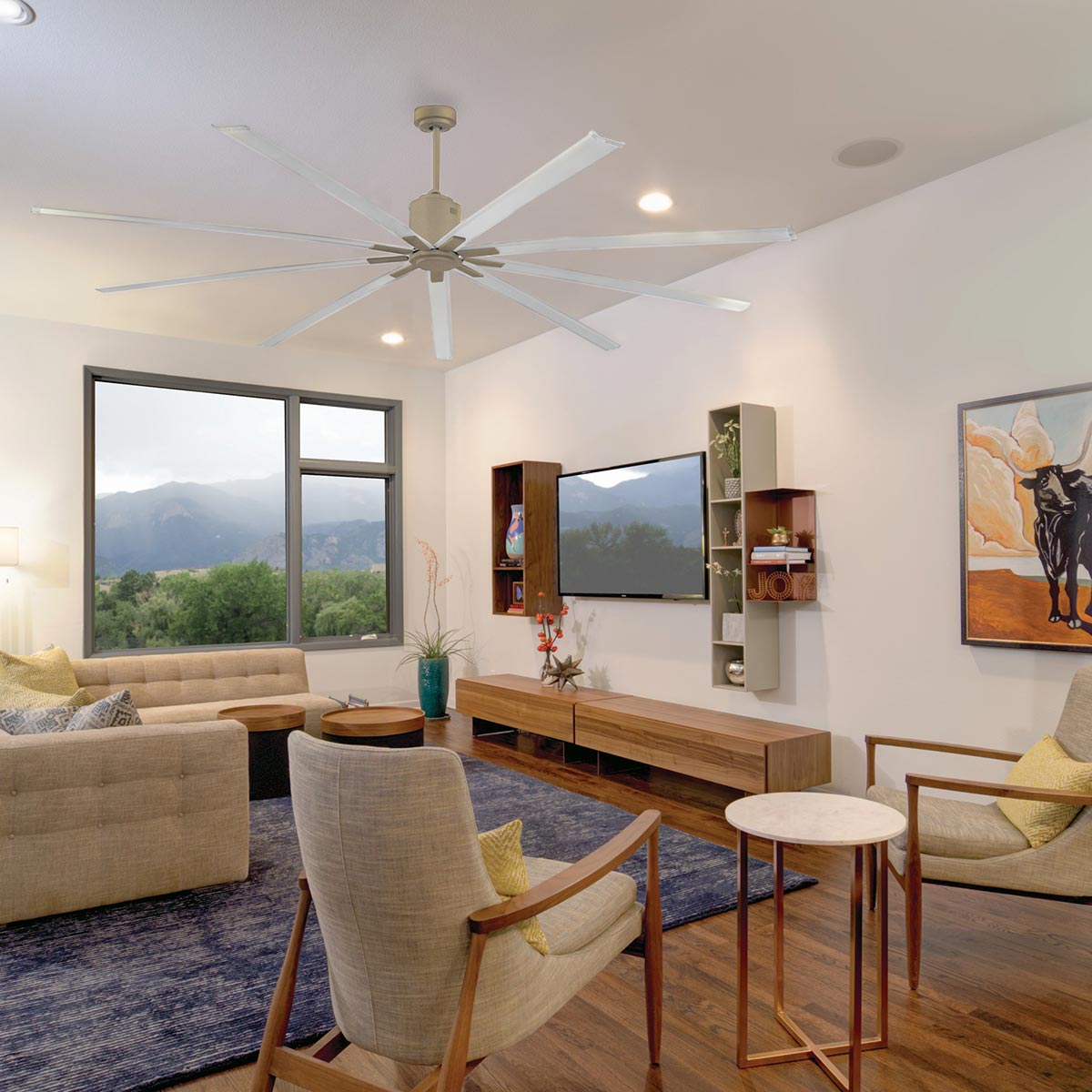This modern ceiling fan provides powerful air movement while remaining a stylish statement piece for your home.