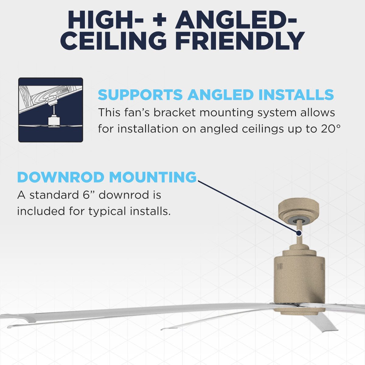 The Maxx Air ICF96 moves big air, even on high or angled ceilings up to 20 deg., using the included 6" downrod.
