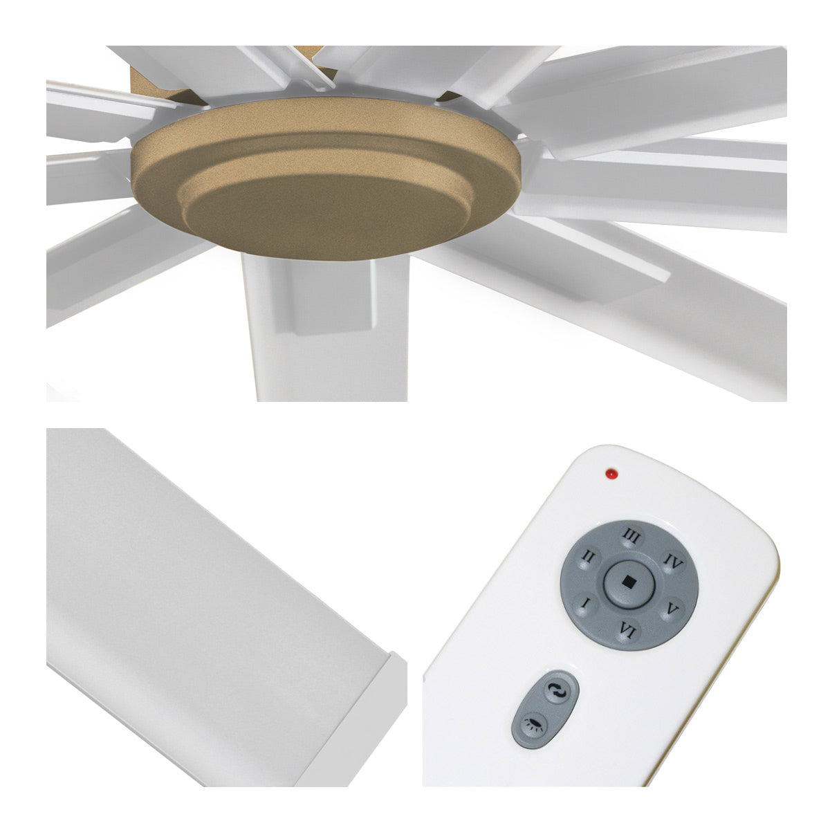 Detailed close-up of gold fan center, white blade finish, and remote control with 6 speeds and reverse function.