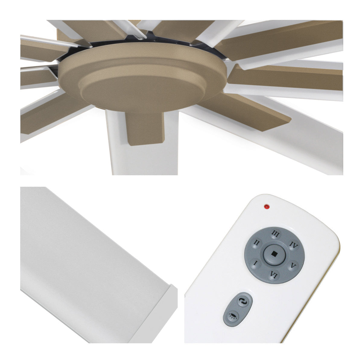 Detailed close-up of brass fan center, white blade finish, and remote control with 6 speeds and reverse function.