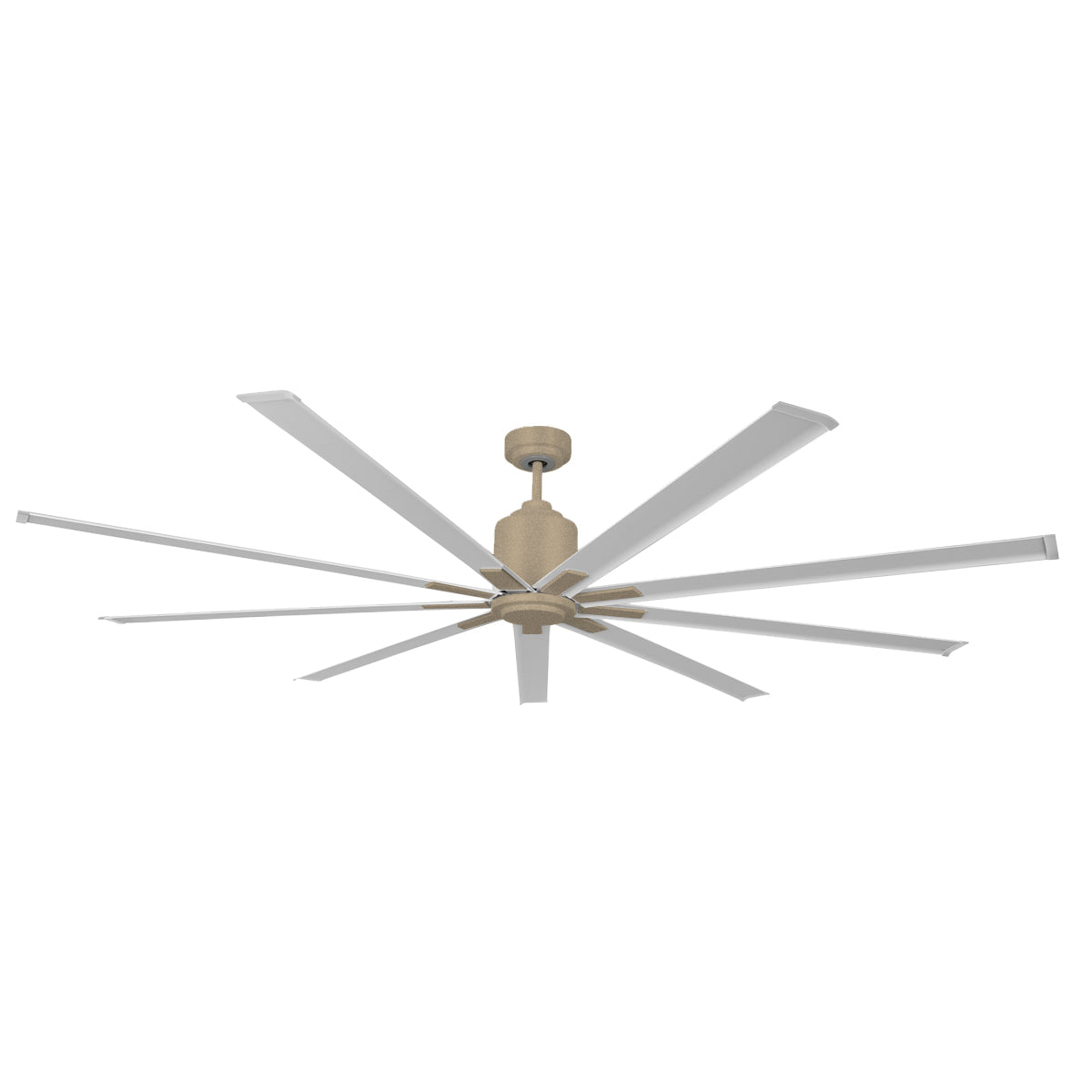Large diameter 96 in. industrial ceiling fan in brass and white combination finish.
