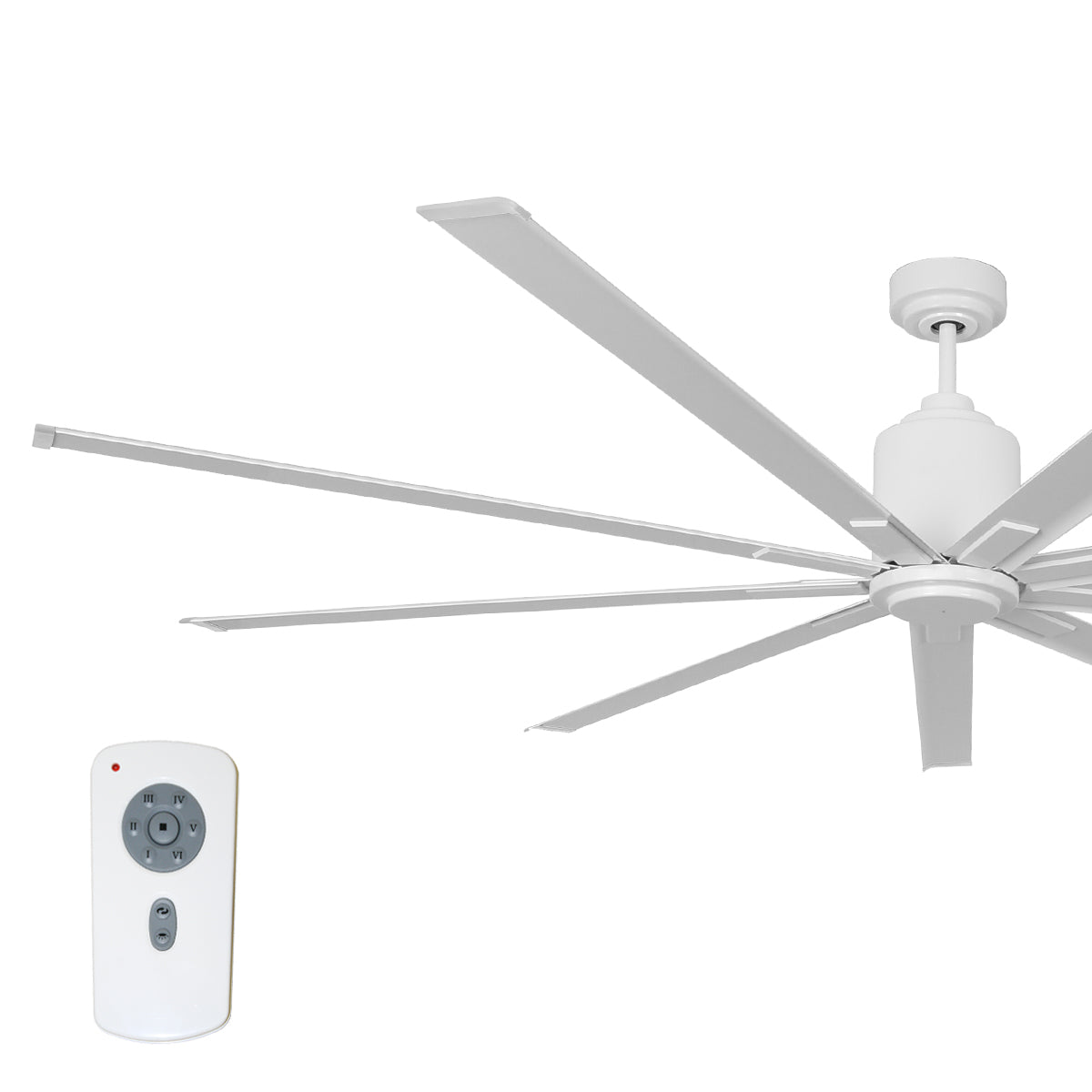Large diameter 96 in. industrial ceiling fan in white finish.