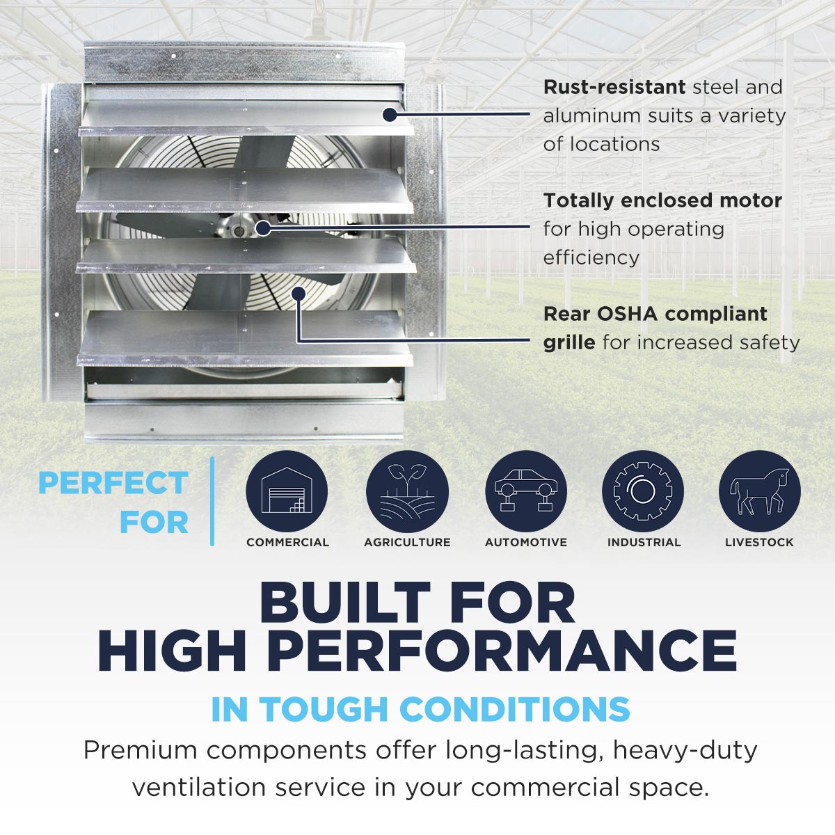 The IF24 is built for high performance in tough conditions with a rust-resistant construction, totally enclosed motor, and OSHA complaint rear grille perfect for multiple commercial industries.