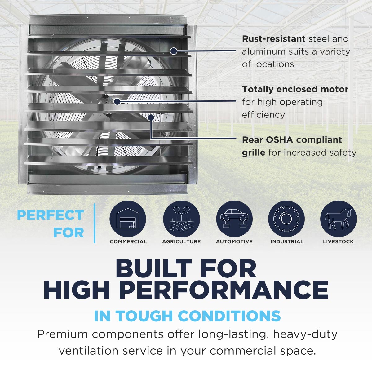The IF30 is built for high performance in tough conditions with a rust-resistant construction, totally enclosed motor, and OSHA complaint rear grille perfect for multiple commercial industries.
