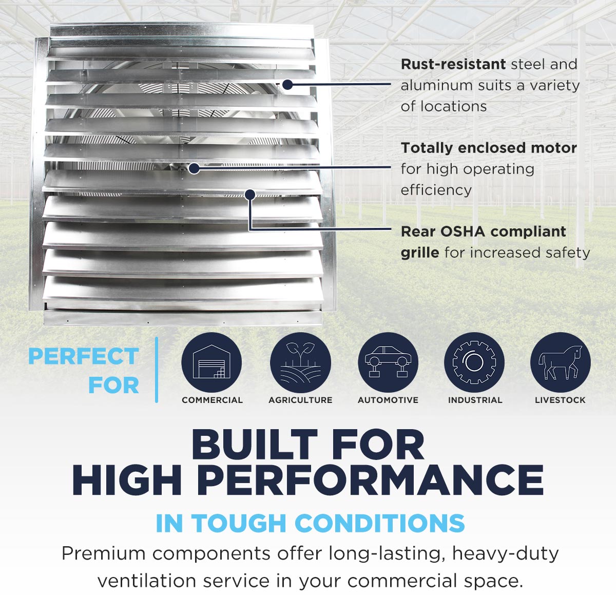 The IF36 is built for high performance in tough conditions with a rust-resistant construction, totally enclosed motor, and OSHA complaint rear grille perfect for multiple commercial industries.