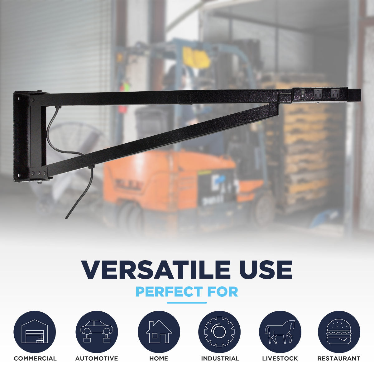 This industrial wall bracket is perfect for use in commercial spaces, auto garages, industrial warehouses, barns, restaurants and more.