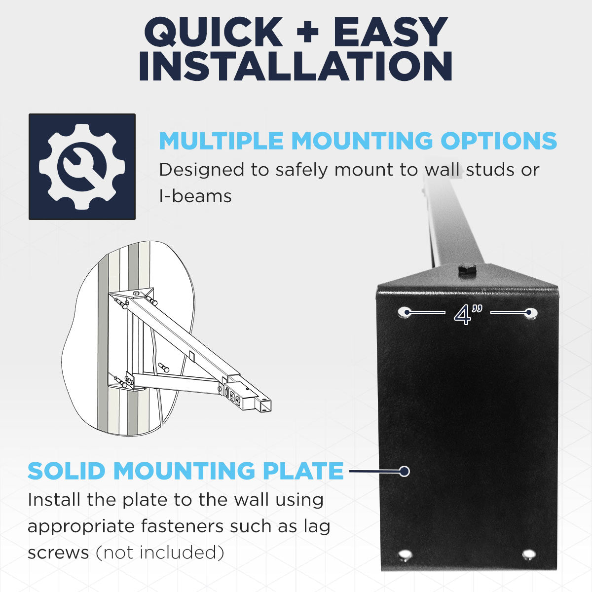 Mount this wall arm to wall studs or I-beams.