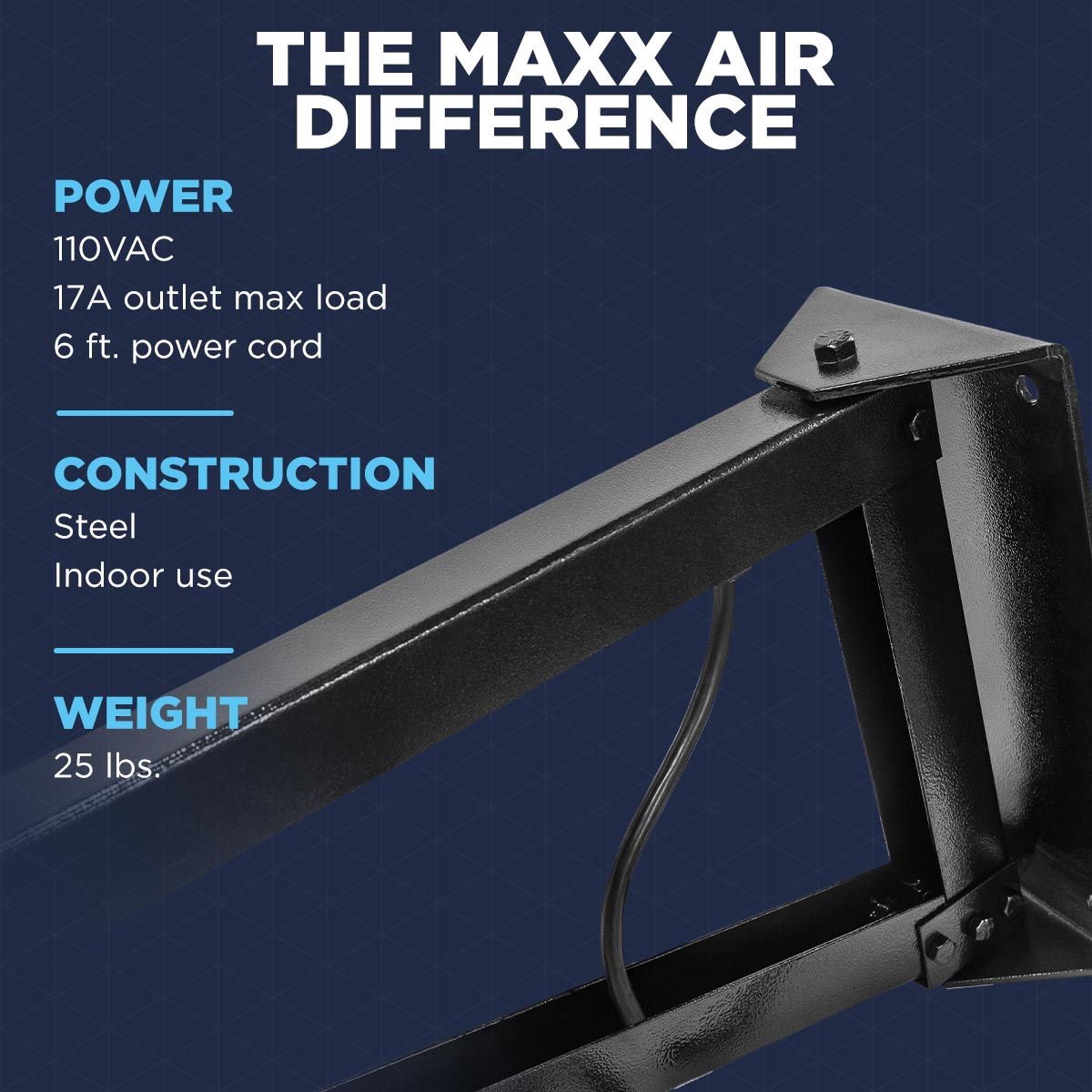 The bracket arm plugs into a standard 120V outlet using a 6 ft. power cord, can plug in additional items up to 17A total, and weighs 25 lbs.