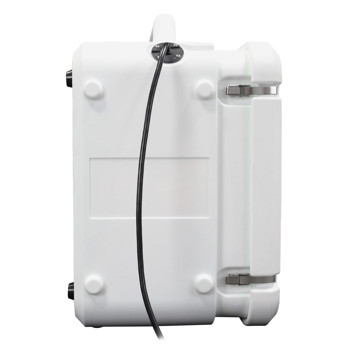 Left side view of the rotomolded air scrubber showing the power cord location and locking housing latches.