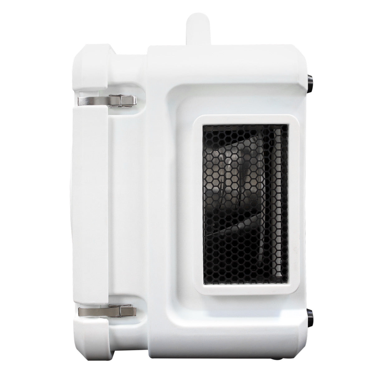 Right side view of the air scrubber showing the air outlet and locking latches on the housing for easy access to the filters.