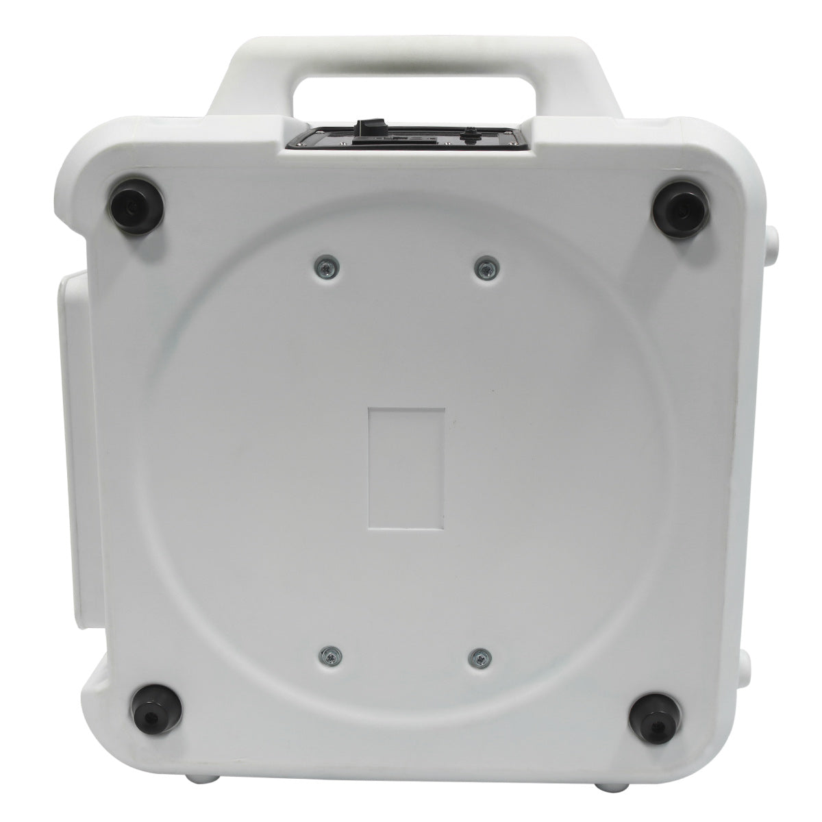 Back view of the white air scrubber showing the rubber feet used when placed in an alternate operating position.