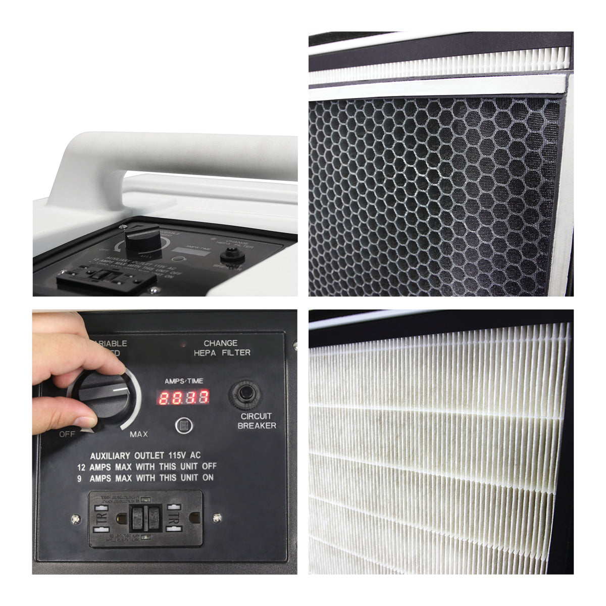 Close-up of the carry handle, carbon filter, speed switch controls and auxillary outlet, and pleated HEPA filter.