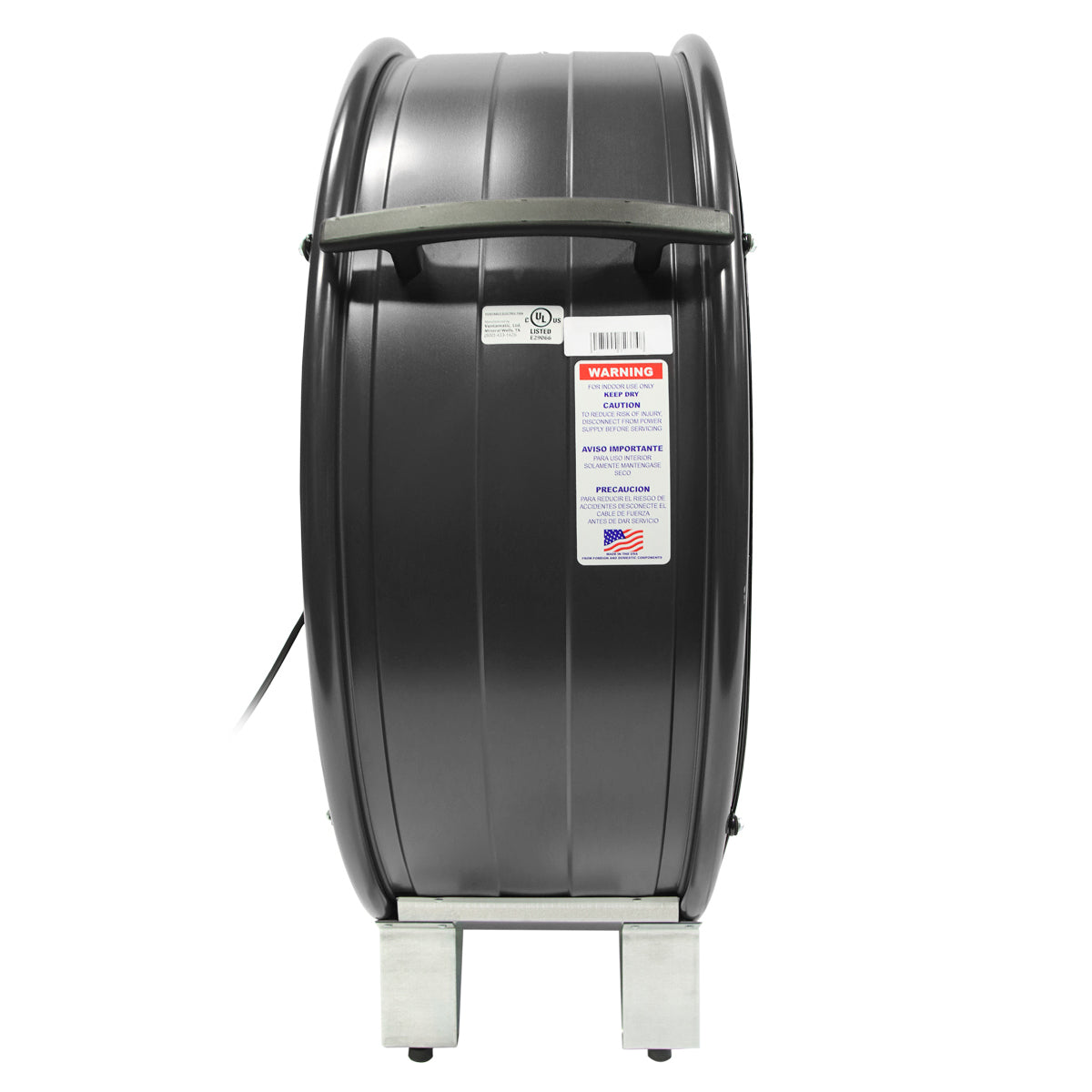 Left side profile view of the 30 in. black drum fan showing the large handle and non-skid positioning legs that make transporting the fan a breeze.