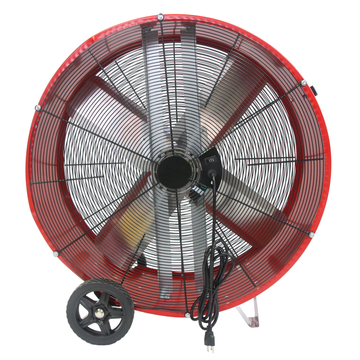 Rear view of the drum fan showing the speed switch and power cord, vibration-reducing legs, and OSHA compliant rear grille.