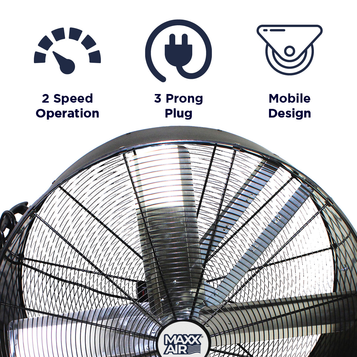 Features of the 36 in. belt drive fan include 2 speed operation, portable design, and 3 prong electric plug.