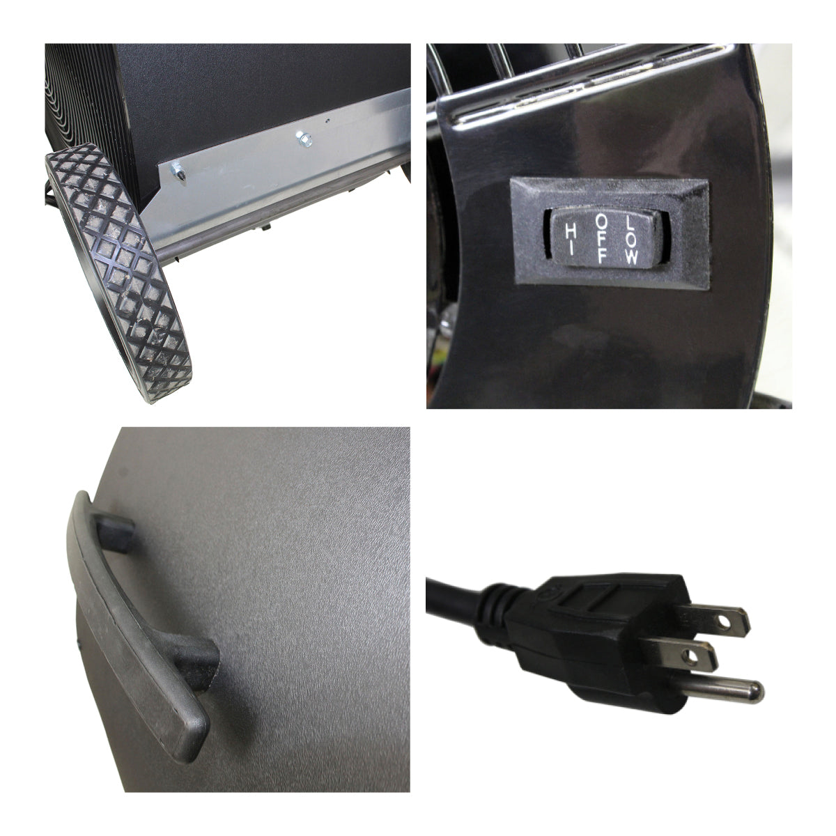 Detailed close-up of pre-installed wheels and handle, rocker switch, and 3 prong plug.