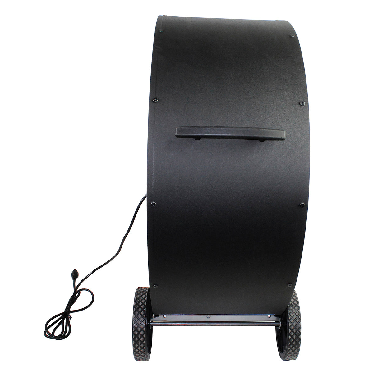 Left side profile view of the 36 in. poly fan showing the handle and diamond tread wheels.