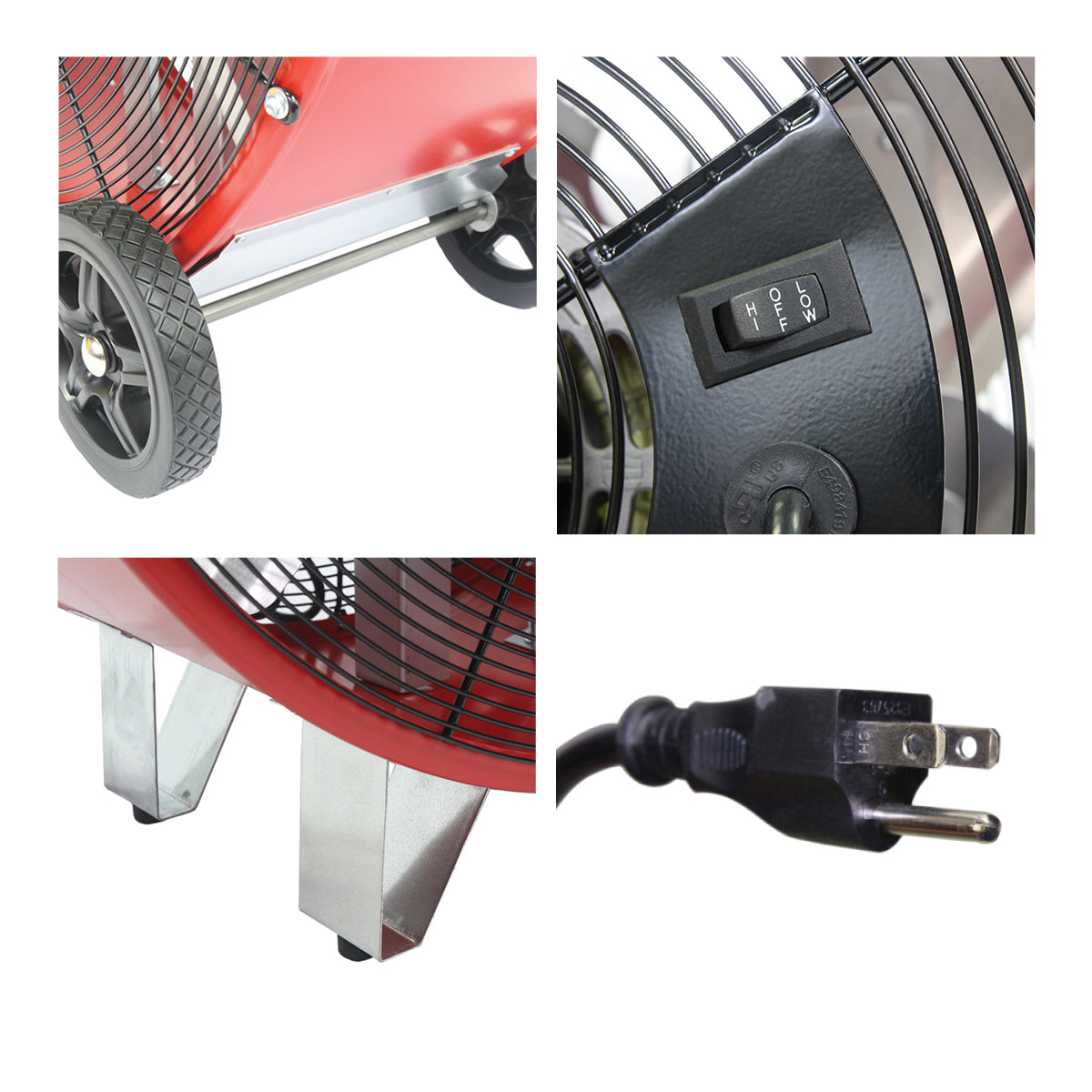 Detailed close-up of built-in wheels and non-skid positioning legs, rocker switch control, and 3 prong plug.