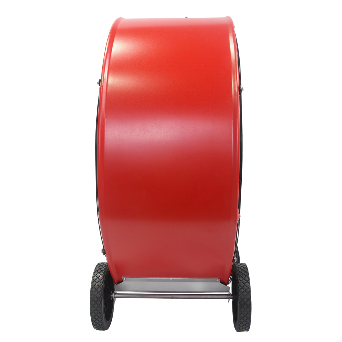 Right side profile view of the large 36 in. barrel fan showing the wheels and metal housing.