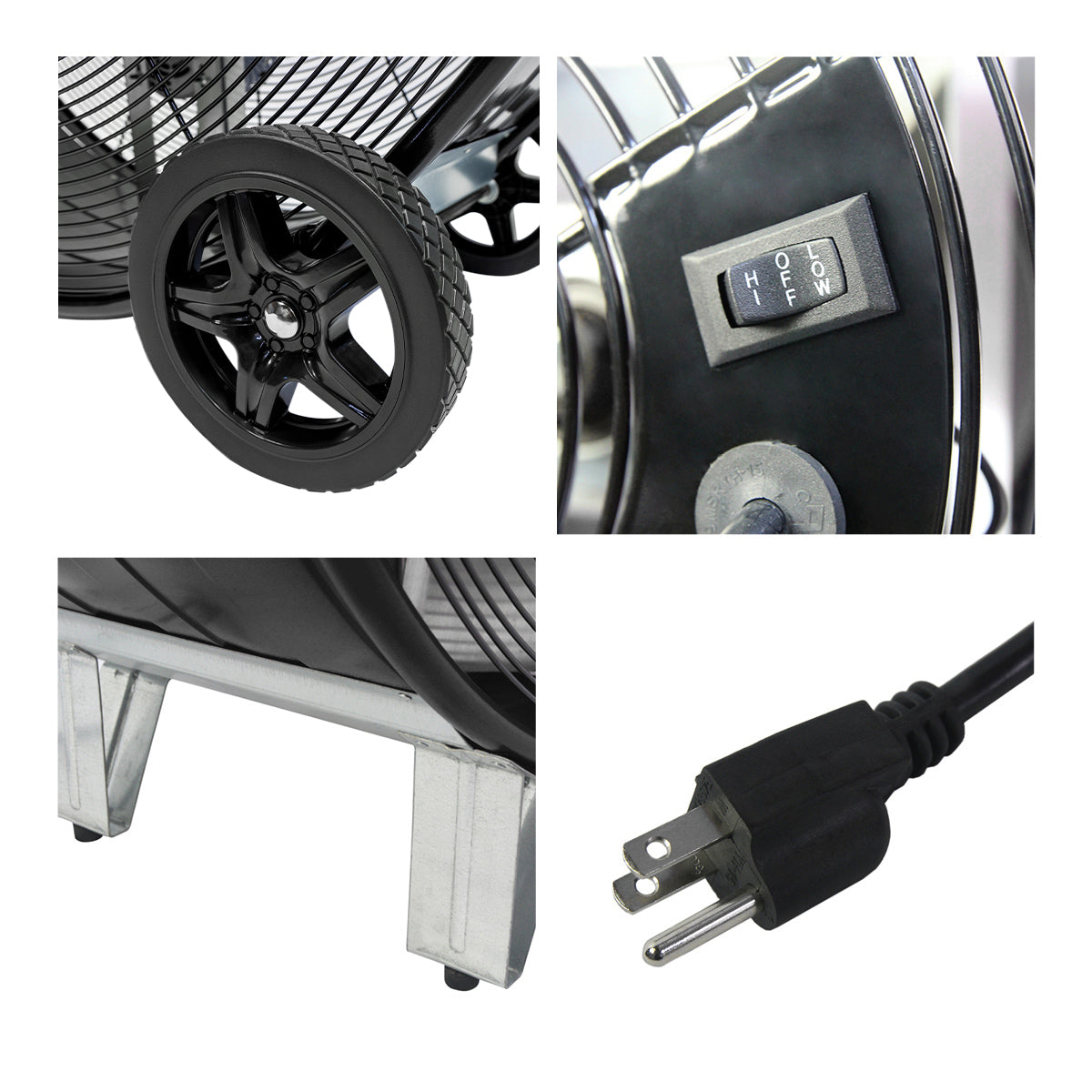 Detailed close-up of pre-installed wheels and non-skid positioning legs, rocker switch, and 3 prong plug.