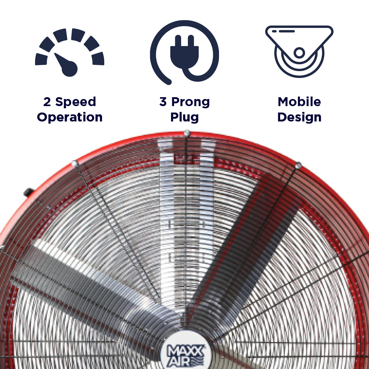 Features of the 48 in. belt drive fan include 2 speed operation, portable design, and a 3 prong electric plug.