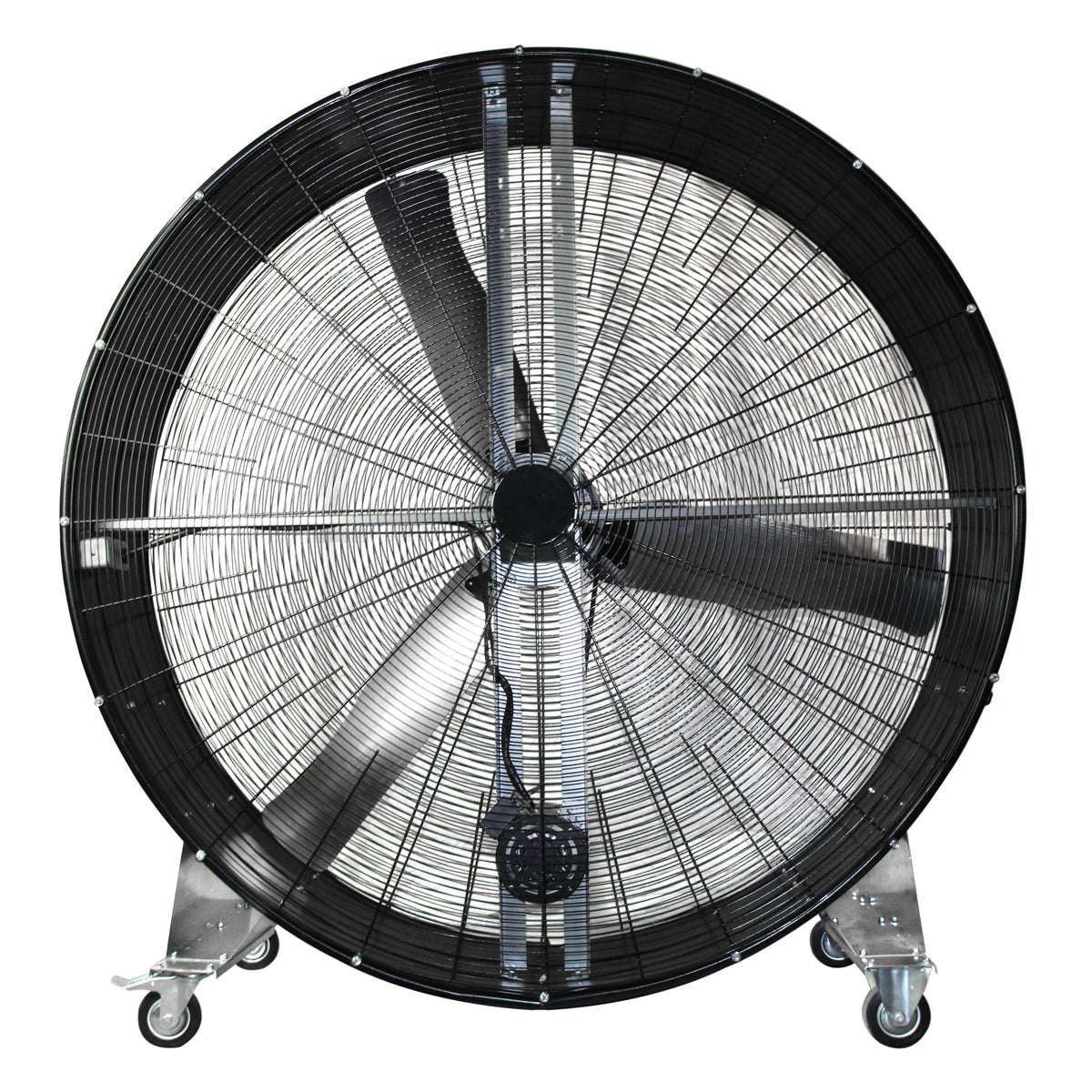 Back view of the 60 in. belt drive industrial fan showing the belt drive motor setup and heavy duty, durable motor mounts.