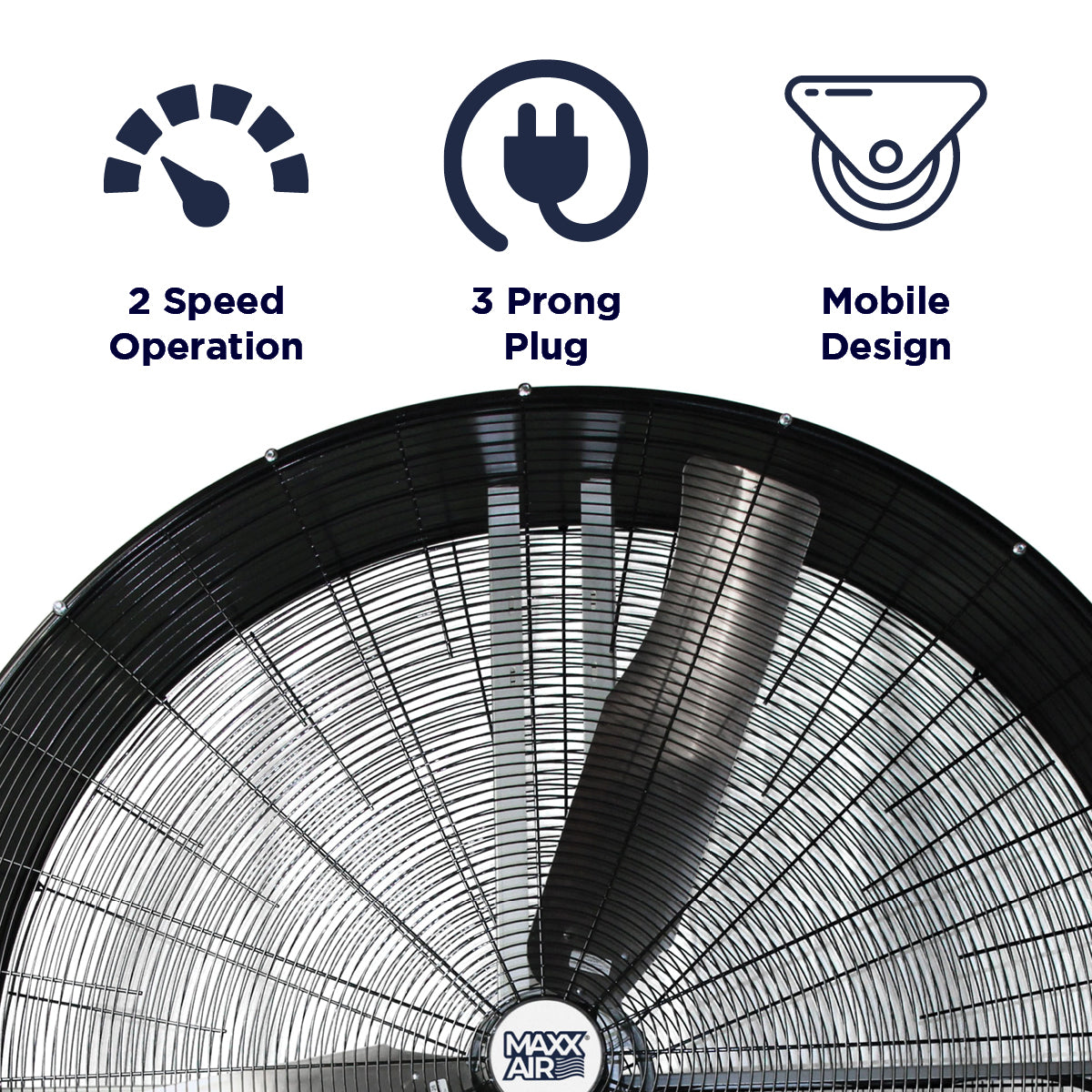 Features of the 60 in. drum fan include 2 speed operation, portable design, and 3 prong electric plug.