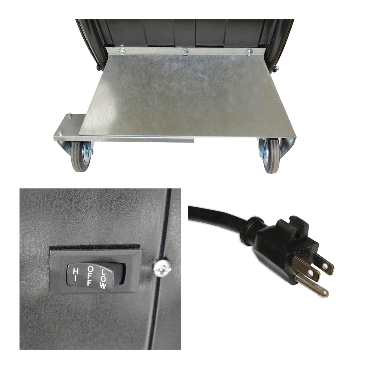 Detailed close-up of caster wheels, rocker switch, and 3 prong plug.
