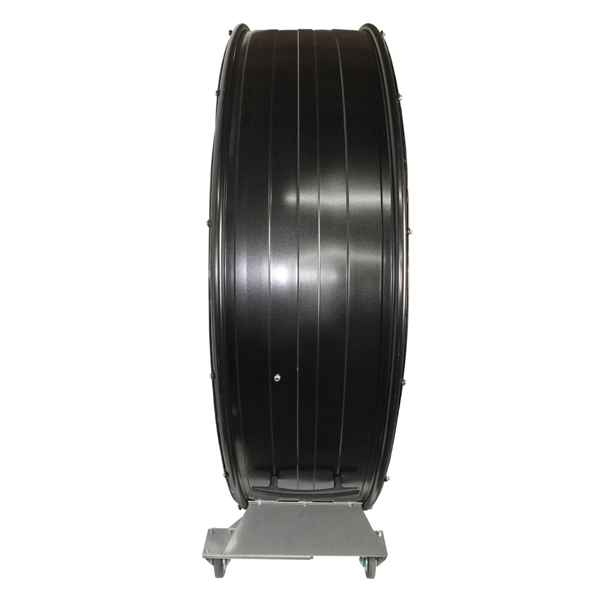 Right side profile view of the 60 in. shop fan showing the lower handle and caster wheels for transport.