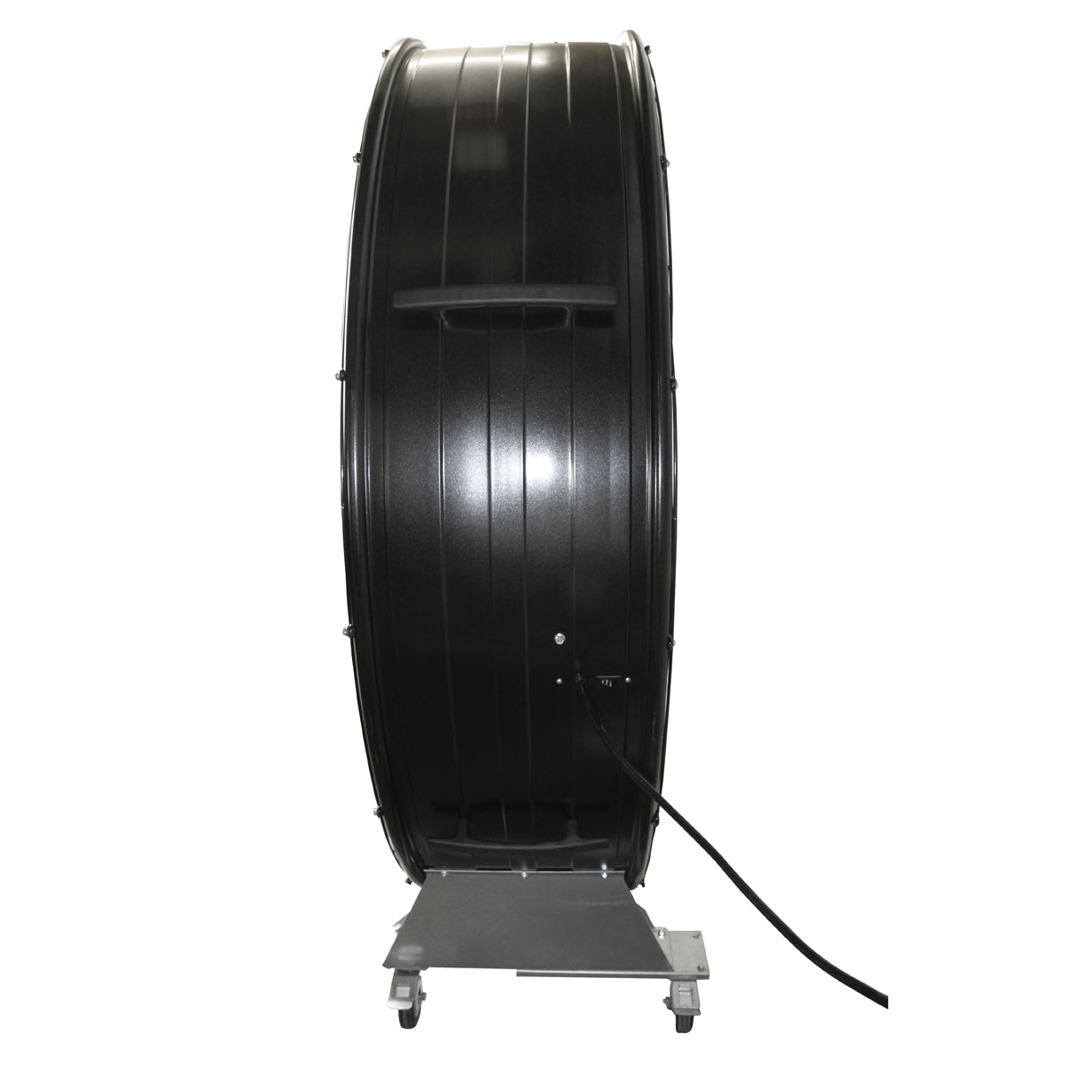Left side profile view of the large 60 in. commercial grade fan showing the 2 speed rocker switch, built-in handle, and long power cord placement.