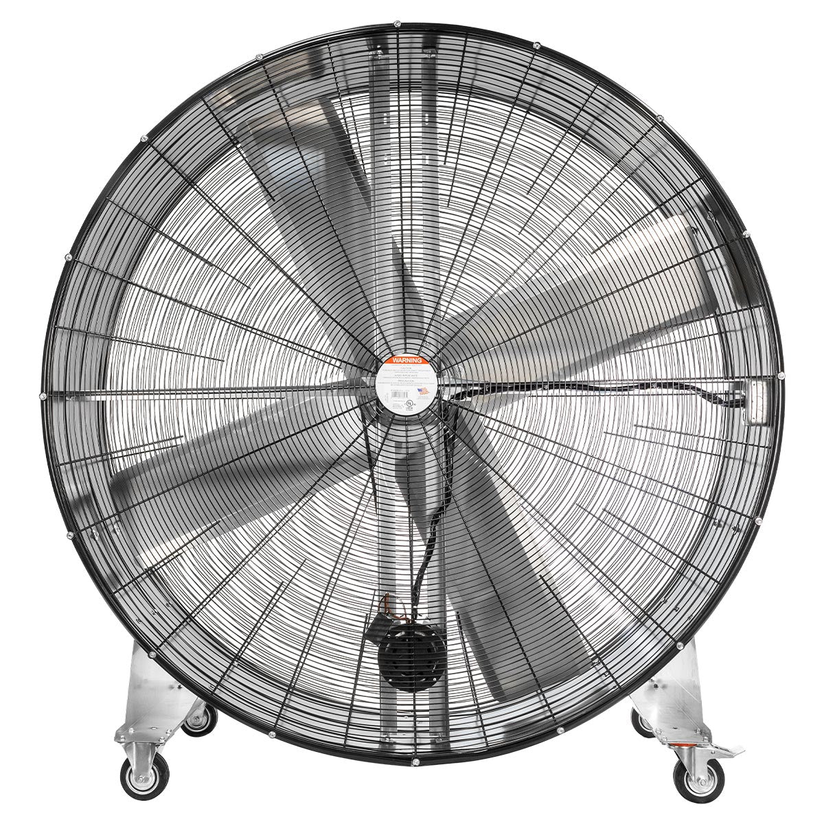 Back view of the 60 in. belt drive industrial fan showing the belt drive motor setup and heavy duty, durable motor mounts.