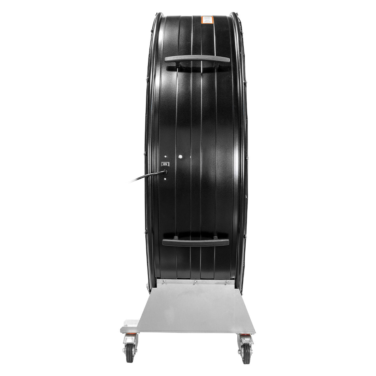 Left side profile view of the large 60 in. commercial grade fan showing the 2 speed rocker switch, built-in handles, and long power cord placement.