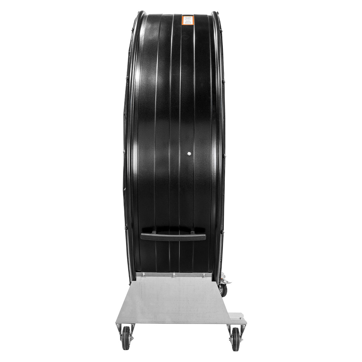 Right side profile view of the 60 in. shop fan showing the lower handle and caster wheels for transport.