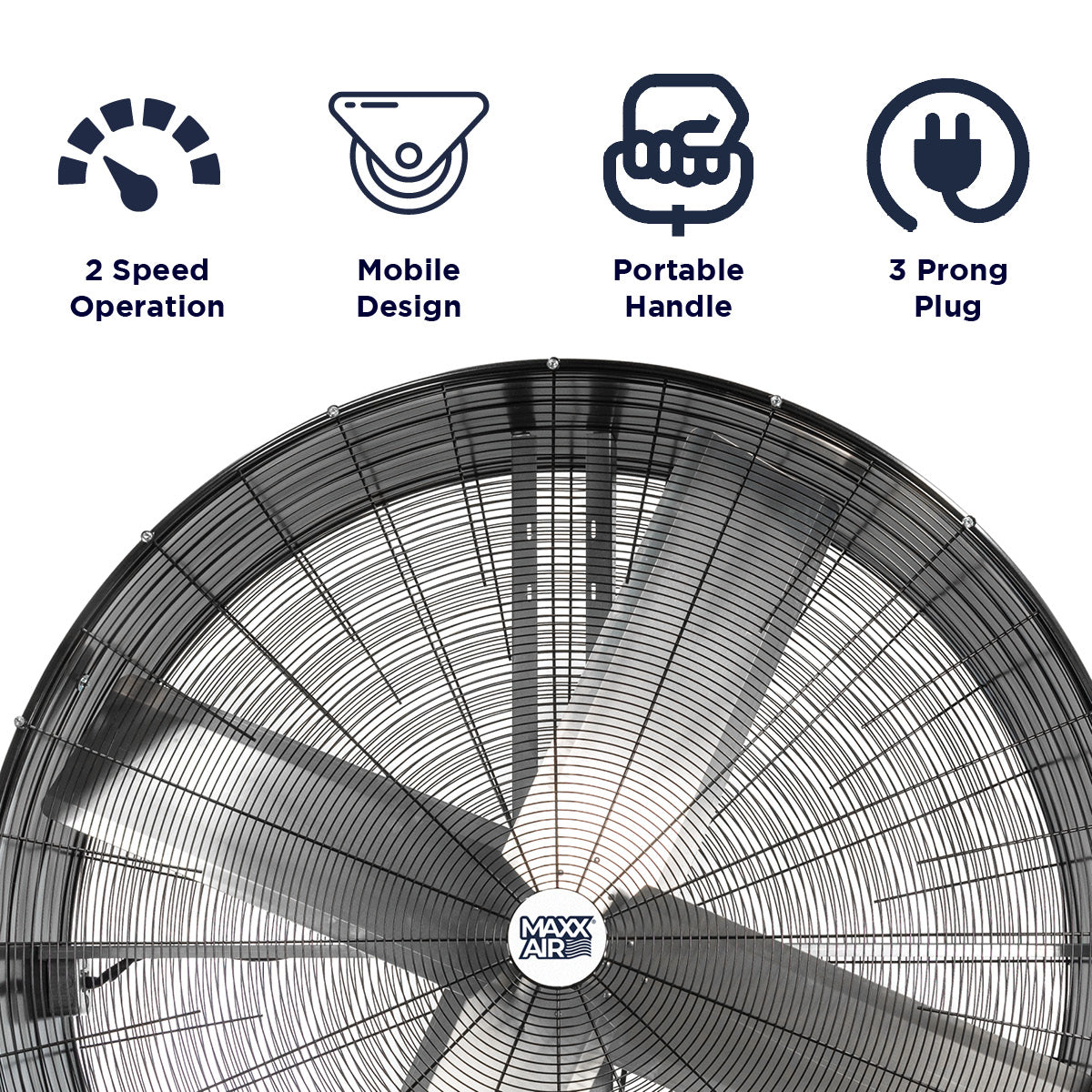 Features of the 60 in. drum fan include 2 speed operation, portable design, and 3 prong electric plug.