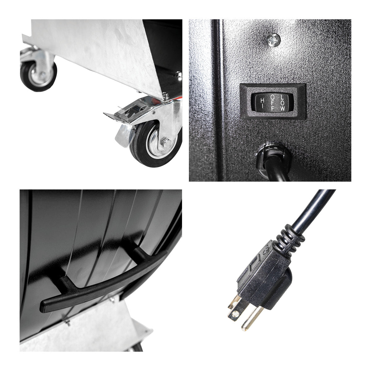 Detailed close-up of caster wheels, rocker switch, handle and 3 prong plug.