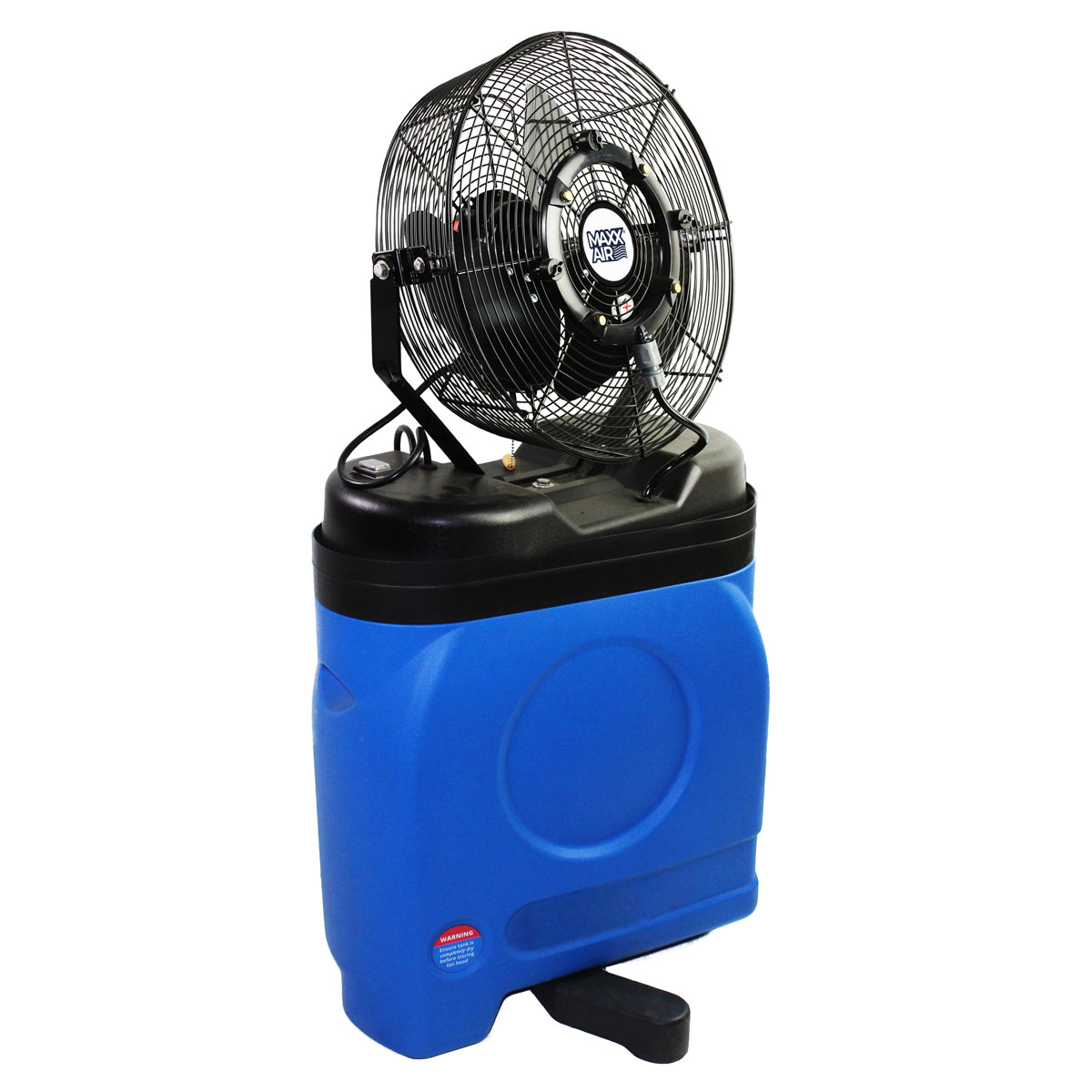 14 in. misting fan with blue rotomolded tank and foot base for added stability in operation.