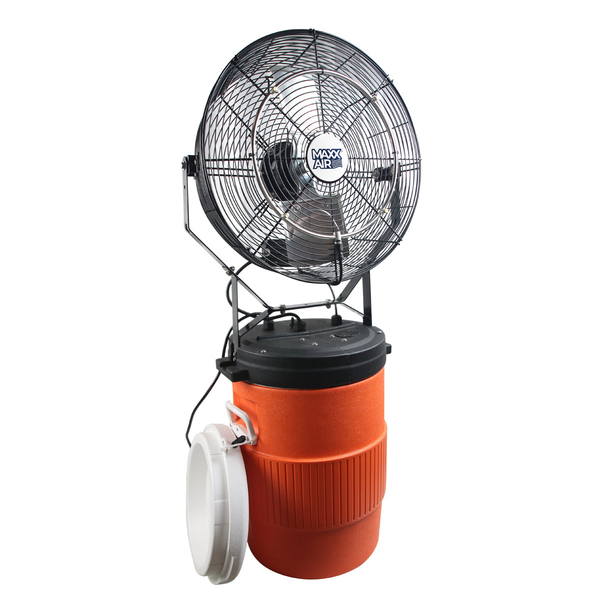 18 in. misting fan on 10 gal. orange tank with a mid-pressure pump and four misters for maximum fog output.