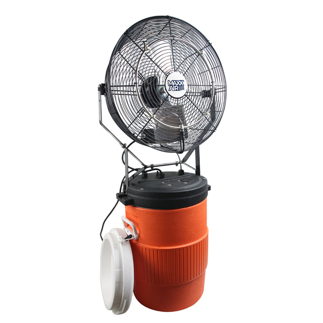 18 in. misting fan on 10 gal. orange tank with a mid-pressure pump and four misters for maximum fog output.