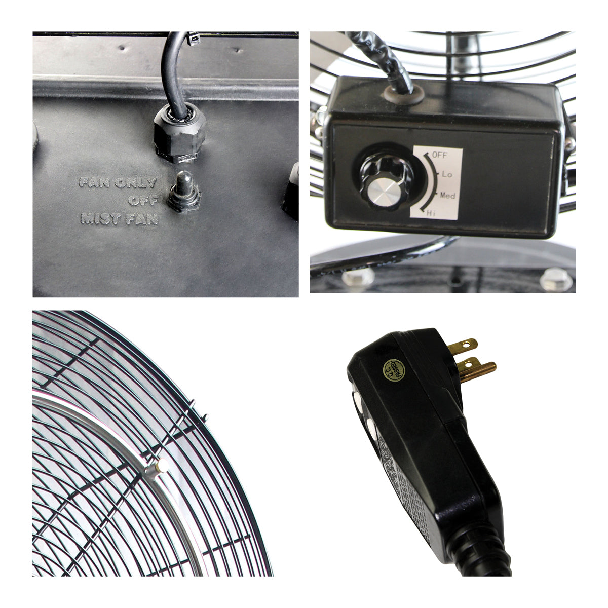 Detailed close-up of toggle mist switch and rotary speed switch, misting nozzles, and GFCI plug on the patio cooler.