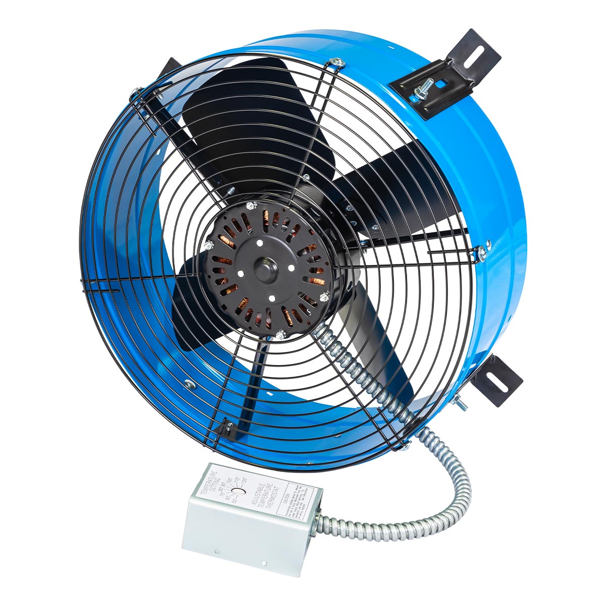 1,600 CFM premium gable fan showing the adjustable thermostat and safety grille screen with blue steel shroud housing.