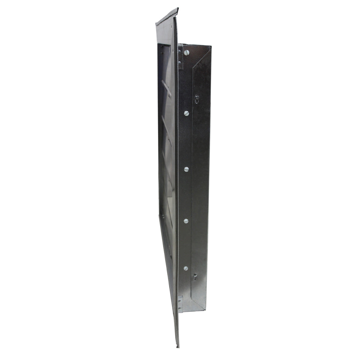 Right side profile view of the metal shutter showing the linkage pin installation.