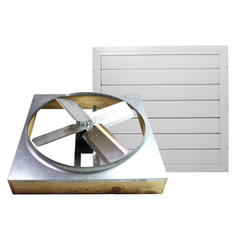 Front of 24" direct drive whole house fan with included shutter.