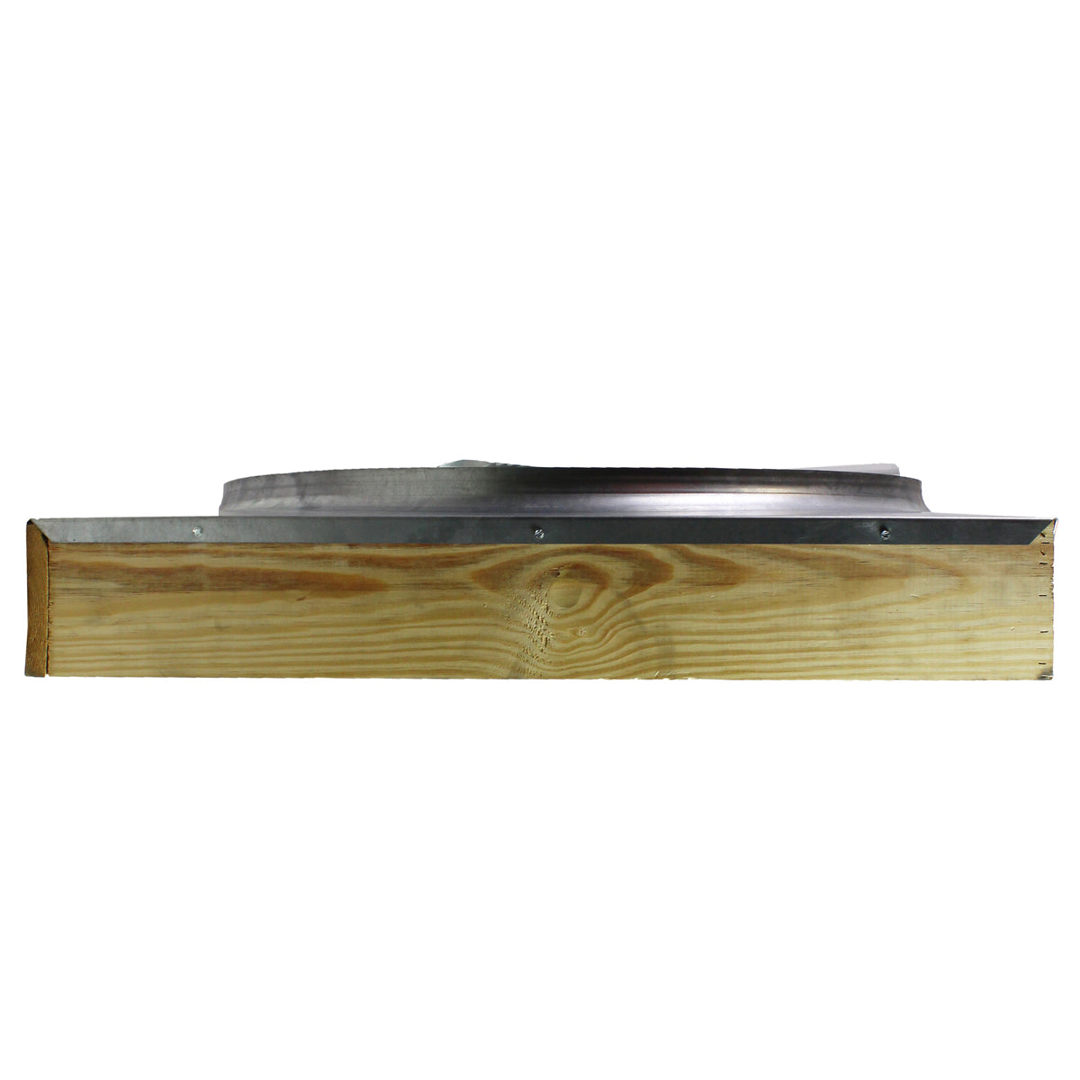 Left side profile view of the whole house fan's wood frame.