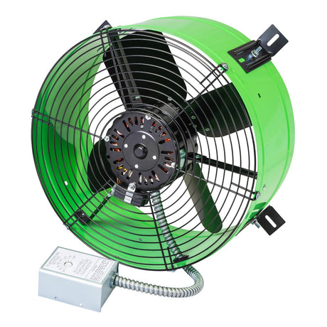 1,650 CFM premium gable fan showing the adjustable thermostat and safety grille screen with green steel shroud housing.