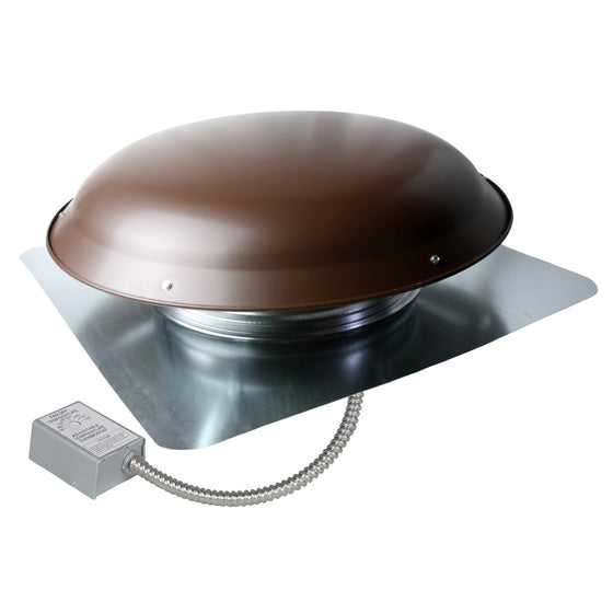 1,600 CFM aluminum roof mount exhaust fan in brown finish showing the adjustable thermostat with conduit.