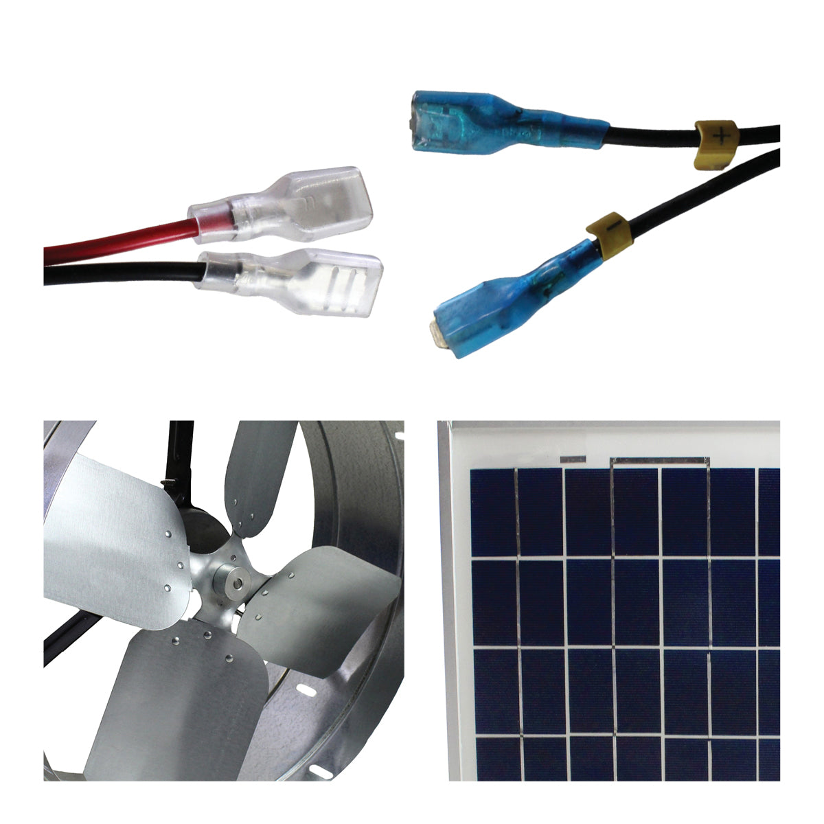 Detailed close-up of the easy connect clips, precision balanced fan blades on the vent fan, and solar cells on the efficient solar panel.