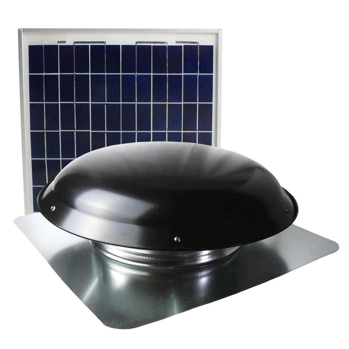 433 CFM solar roof vent in black finish with solar panel.